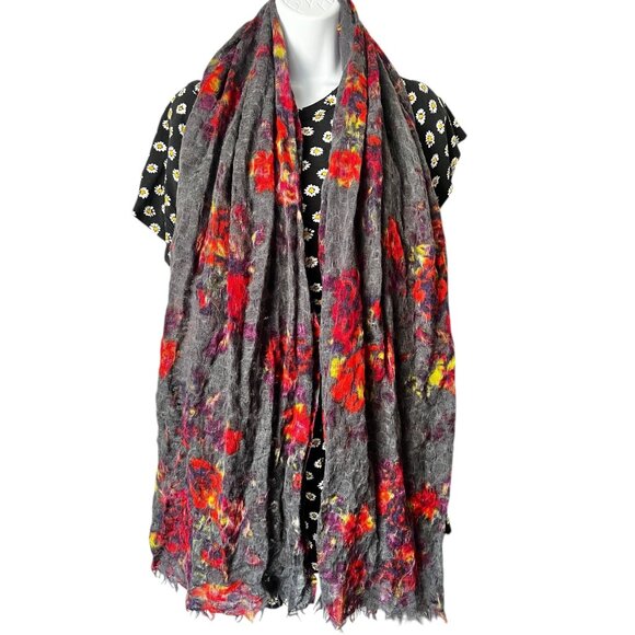 Lucky Brand Wool Loose Weave Gauzy Scarf Gray Red Yellow & Purple Wrap Shawl - Picture 1 of 11